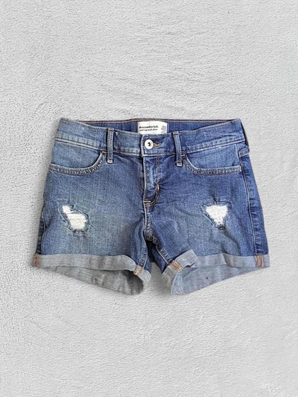 Abercrombie Kids Mid-Rise Midi Distressed Blue Cuffed Jean Shorts, Girls’ 11/12